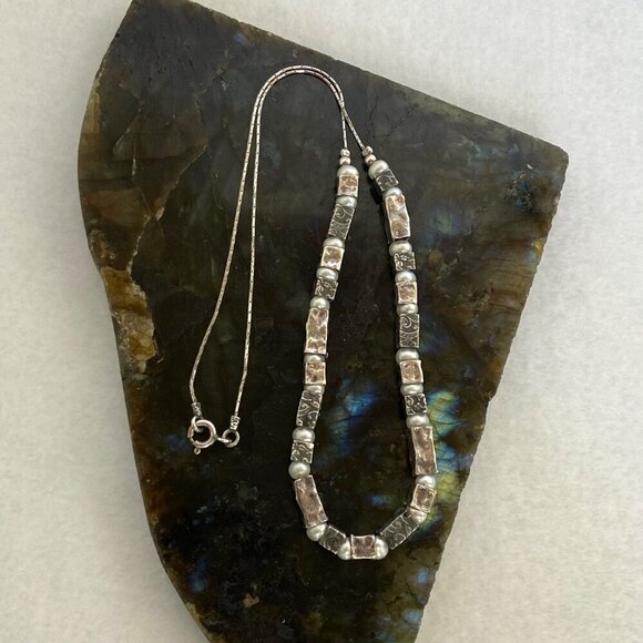 Oxidized Sterling Silver 925 Floral Stamped Rectangular Beaded Pearl Necklace - Picture 4 of 16